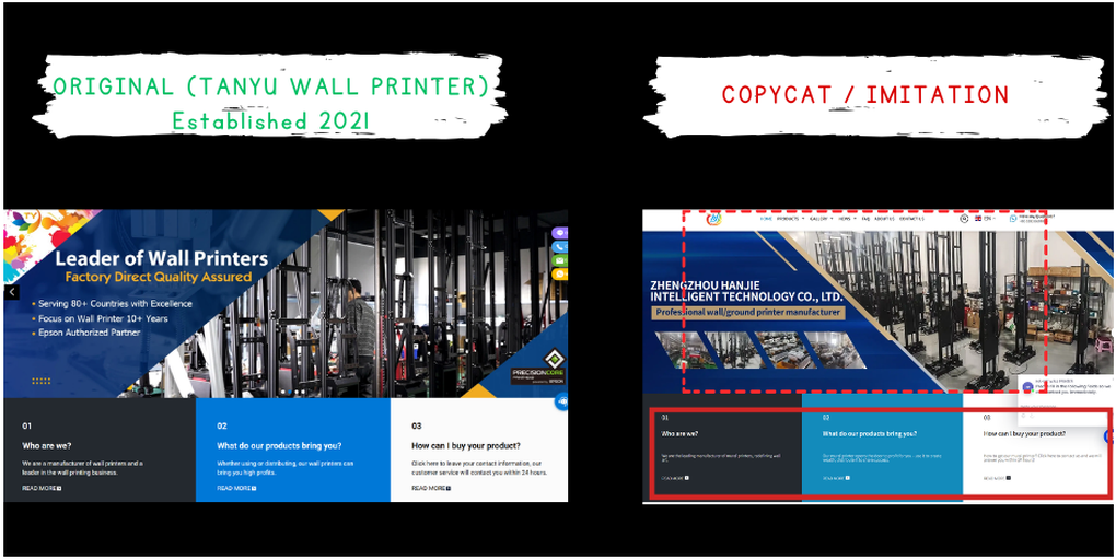 Comparison of Tanyu Wall Printer original homepage design versus Hanjie Wall Printer copycat layout Comparison of Tanyu Wall Printer original homepage design versus Hanjie Wall Printer copycat layout