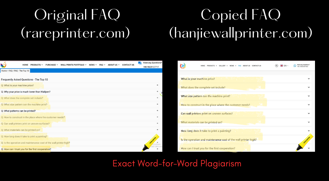 Side by side text comparison showing stolen FAQ content from Tanyu Wall Printer Side by side text comparison showing stolen FAQ content from Tanyu Wall Printer